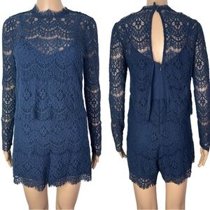 Anthropologie x Saylor Long Sleeve Layered Navy Blue Lace Romper